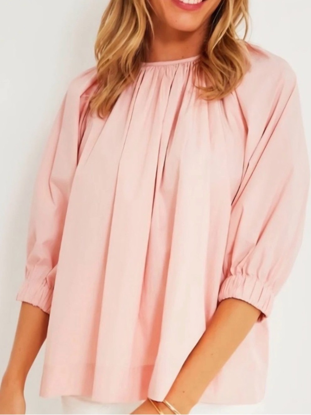 Tuckernuck Pomander Place Larissa blouse in a rosewater pink color, small